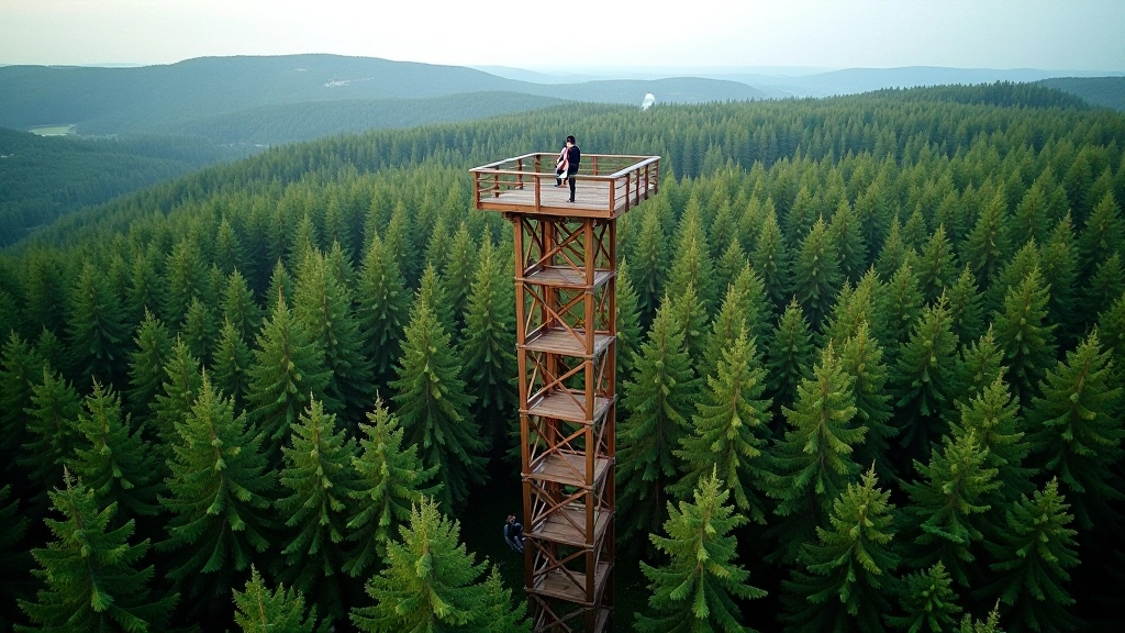 Pesapuu vaatetorn sügaval metsas, puupalud ümberringi, selge ilm